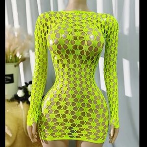 Neon Green Cut-Out Long-Sleeve Fishnet Dress Cover Up